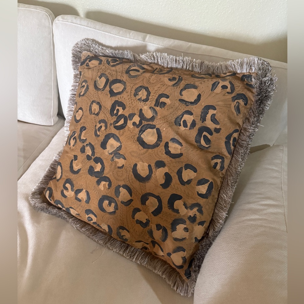 Leopard Print Fringe Handpainted accent 26x26” Throw or floor Pillow w/ fringe